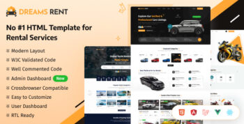 Dreams Rent - Multi Vehicle Rental & Booking Template (HTML, React, Angular & Vue)