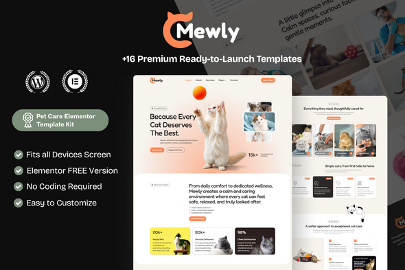 Mewly – Pet Care WordPress Elementor Template Kit