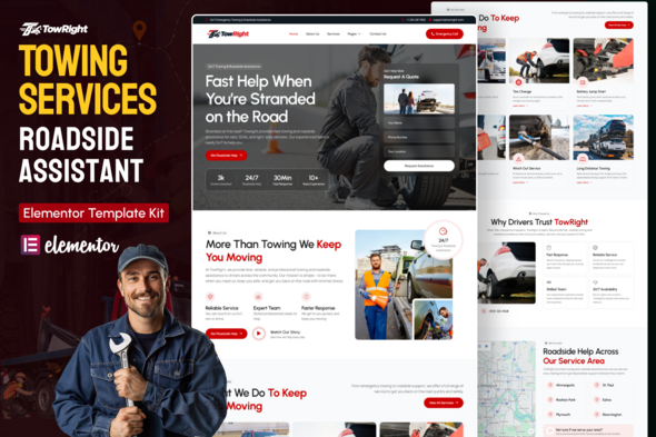 TowRight - Towing Services & Roadside Assistance Elementor Template Kit