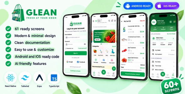 Glean | Grocery Shopping App React Native Expo UI Kit