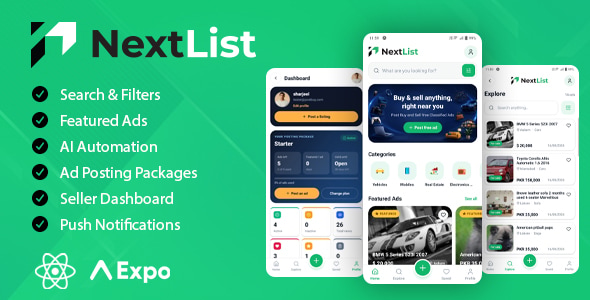 NextList | Post and Buy - Classified Ads Marketplace React Native App